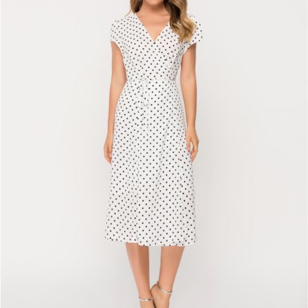 Shein White And Black Polka Dots Wrap Midi Dress
